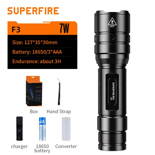 SUPERFIRE F3 530 Lumens Rechargeable Zoomable Tactical Flashlight