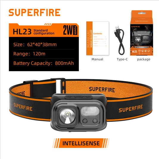 SUPERFIRE HL23/HL23-A/HL23-S USB Rechargeable LED Sensor Headlamp